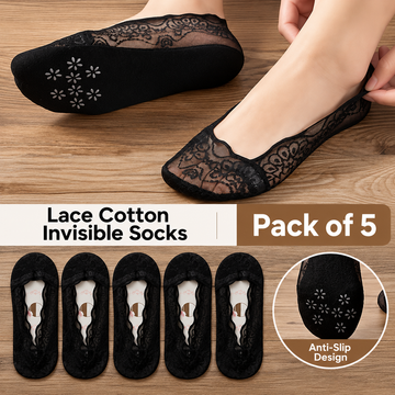 Women's Premium Anti-Slip Floral Lace Invisible Socks – Black (Pack of 5)