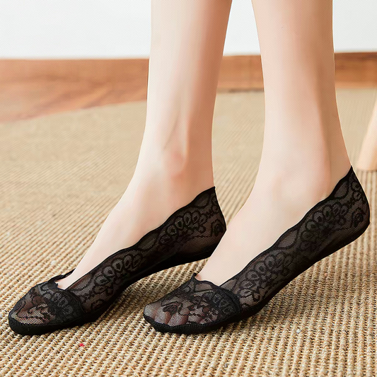 Women's Premium Anti-Slip Floral Lace Invisible Socks – Black (Pack of 5)